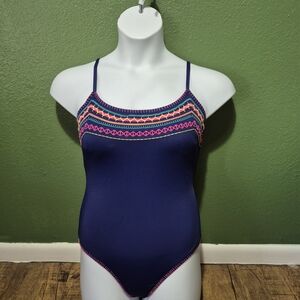 Embroidery Navy One Piece Swimsuit